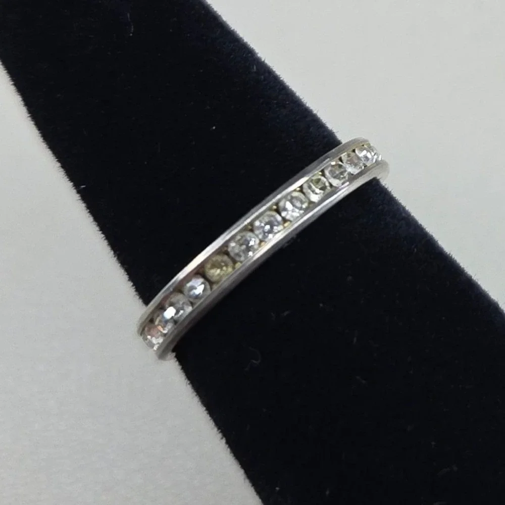 Silver Tone Crystal Eternity Band Ring Size 7.25 Channel Set Stacking Ring